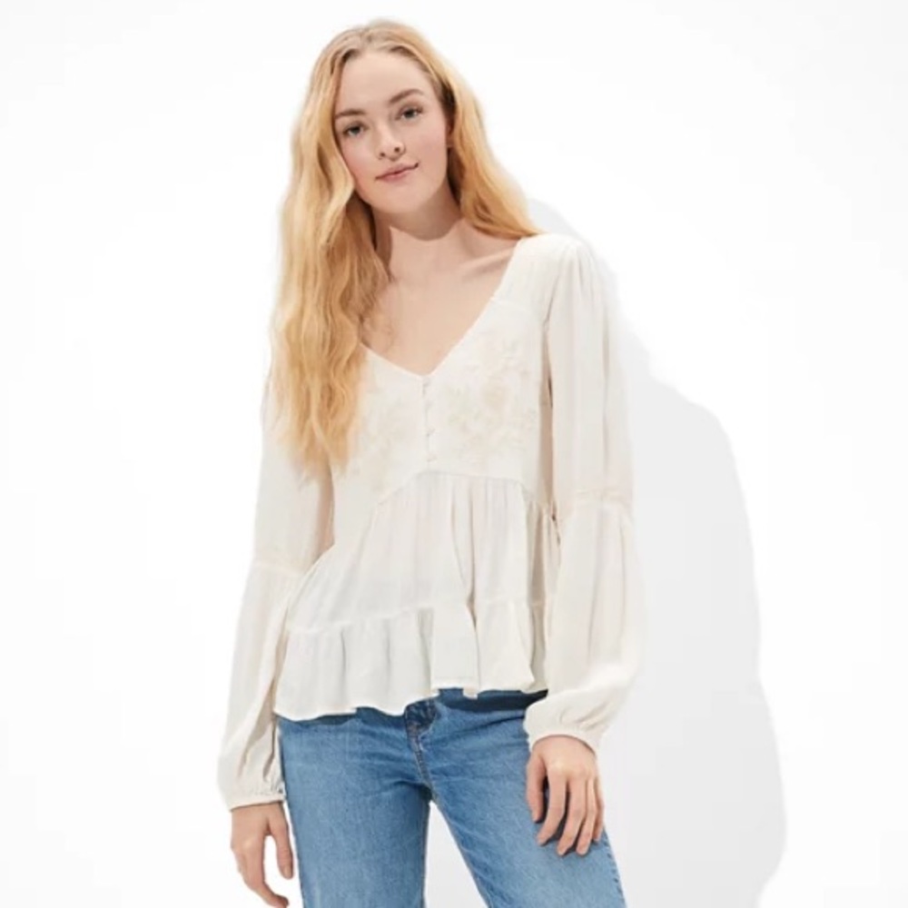 American Eagle Women’s Medium Embroidered Tunic Top Long Sleeves Tiered Boho
